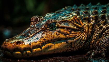 Obraz premium Spectacled caiman, dangerous reptile with sharp teeth in tropical forest generated by AI