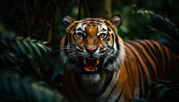 Bengal tiger staring fiercely, its striped fur a majestic pattern generated by AI