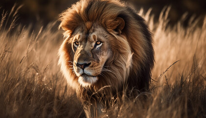 Naklejka na ściany i meble Majestic lion walking in the savannah, hiding in plain sight generated by AI