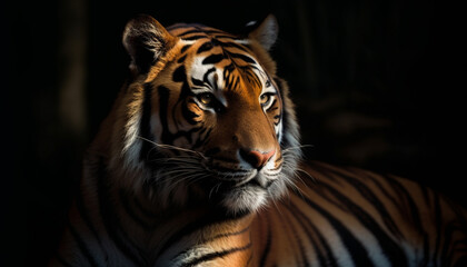 Fototapeta na wymiar Majestic Bengal tiger staring with aggression in tropical rainforest generated by AI