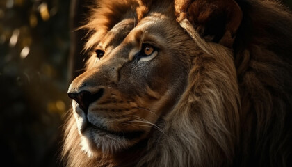 Majestic lion staring at camera, fur and mane in focus generated by AI