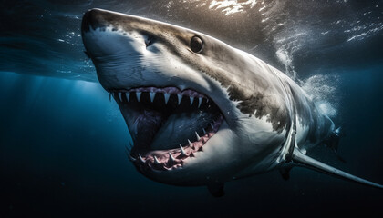 Obraz premium Majestic giant underwater reptile with sharp teeth and open mouth generated by AI