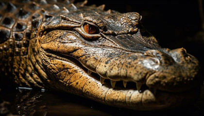 Obraz premium Crocodile head close up, dangerous teeth, in dark swamp generated by AI