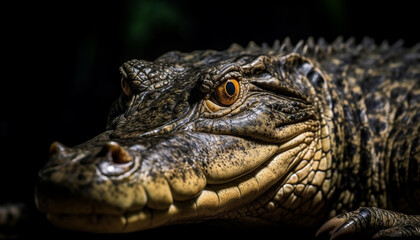 Fototapeta premium Yellow crocodile teeth and scales in close up portrait generated by AI