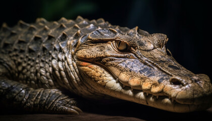 Obraz premium Large alligator head with dangerous teeth in wet swamp habitat generated by AI