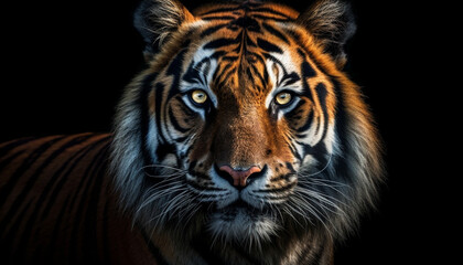 Fototapeta premium Majestic Bengal tiger staring at camera in African wildlife reserve generated by AI