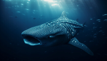 Naklejka premium Majestic whale shark swimming in tropical reef with sea life generated by AI