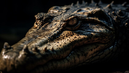 Fototapeta premium Aggressive crocodile wet portrait, focus on teeth and eye generated by AI