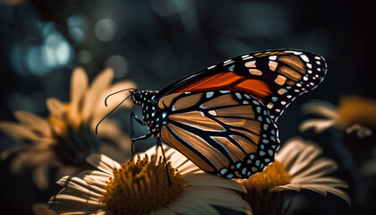 Vibrant monarch butterfly flying over spotted yellow flower in sunlight generated by AI