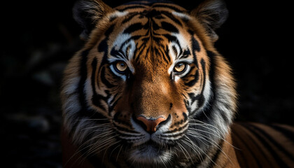 Close up portrait of majestic Bengal tiger staring fiercely outdoors generated by AI