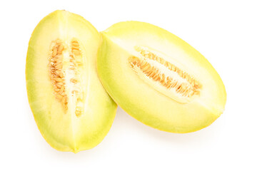 Pieces of sweet melon on white background