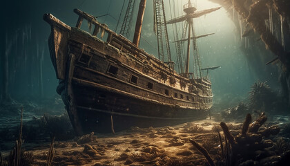 Old nautical vessel, shipwrecked on abandoned coastline, a rusty mystery generated by AI - obrazy, fototapety, plakaty