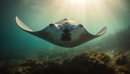 Fototapeta na wymiar Majestic aquatic mammal swimming in deep blue water near reef generated by AI