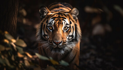 Bengal tiger staring, majestic and dangerous in the tropical forest generated by AI