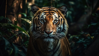 Fototapeta premium Bengal tiger staring, close up portrait of majestic wildcat walking generated by AI
