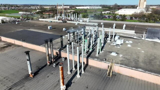Aerial view of manufacturing roof, industrial roof, Mount Joy Downtown, Pennsylvania, USA