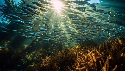 Fototapeta na wymiar Vibrant school of fish swim in tropical underwater paradise generated by AI