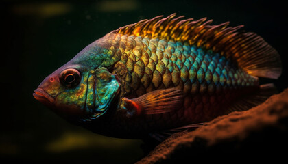 Multi colored fish in tropical reef, close up underwater scuba diving generated by AI