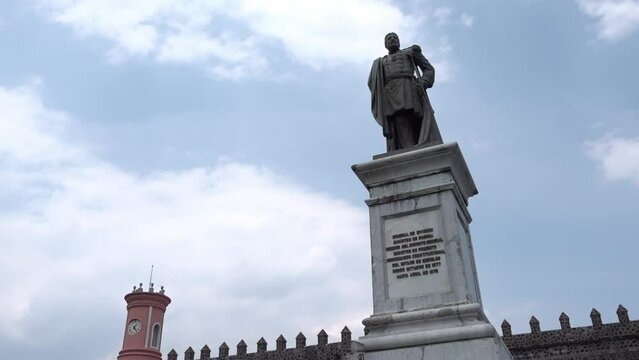 The sculpture of General Carlos Pacheco in front of the Palace of Cortes in Mexico.