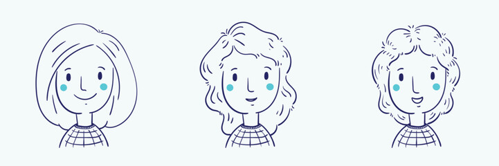 Hand drawn set of girl faces, cute and fun cartoon doodle style