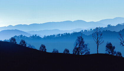 landscape with blue silhouettes of trees and hills