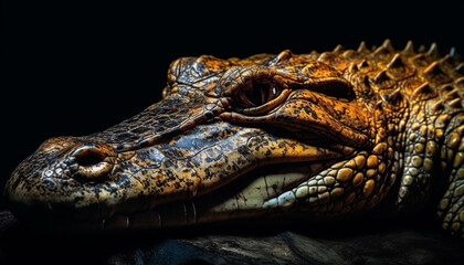 Obraz premium Yellow spectacled caiman teeth and eye in close up portrait generated by AI