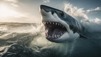 Fototapeta premium Majestic giant underwater dinosaur swimming with animal teeth exposed generated by AI
