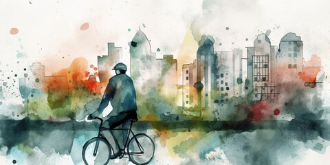 A painting of a man riding a bike in front of a city. Generative AI.