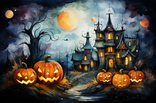 A painting of halloween pumpkins in front of a castle. Generative AI. Cute Halloween background.