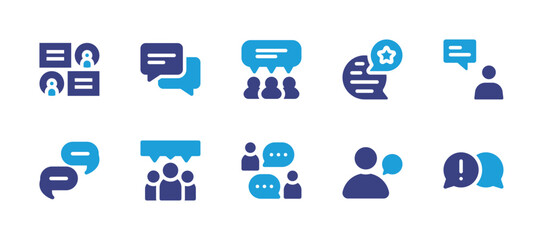 Conversation icon set. Duotone color. Vector illustration. Containing talk, chat, group, rating, group chat, personal data, problem solving.