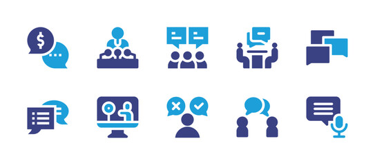Obraz na płótnie Canvas Conversation icon set. Duotone color. Vector illustration. Containing chat bubble, press, group, interview, conversation, chat, tv show, feedback, talk, microphone.