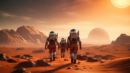Astronauts on Mars, spacemen walking on red planet