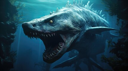 Sea monster open its mouth with teeth, fantasy underwater creature