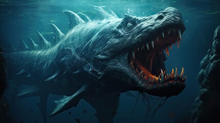 Sea monster open its mouth with teeth, fantasy underwater creature