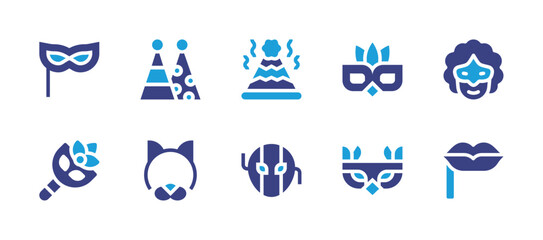 Costume party icon set. Duotone color. Vector illustration. Containing mask, party hat, fun hat, carnival mask, costume, cat mask, moretta.