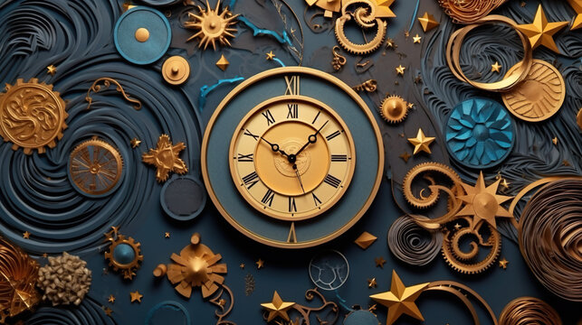 A clock surrounded by golden stars and other decorations. Generative AI.