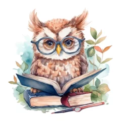Fototapete Eulen-Cartoons Cute owl cartoon reading a book in the grass with watercolor painting style
