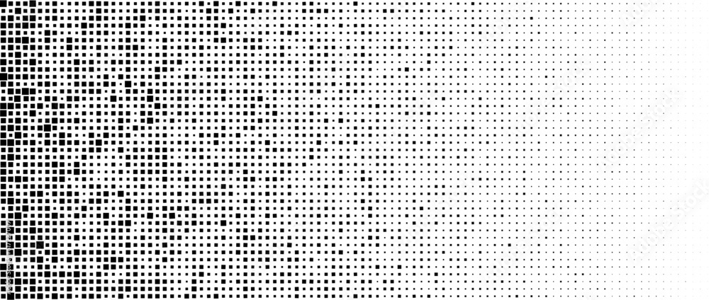 Poster Halftone pixelated gradient background. Faded square particles texture. Dissolving grunge noise wallpaper. Black dots, speckles, pixels, specks wallpaper. Horizontal gritty vector backdrop