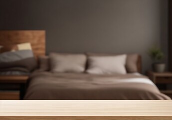 Wood table with blurred modern bedroom background, Bedroom product backdrop