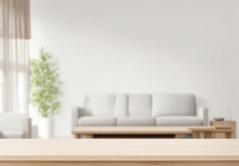 Wood table with blurred modern living rooom background, Living rooom product backdrop