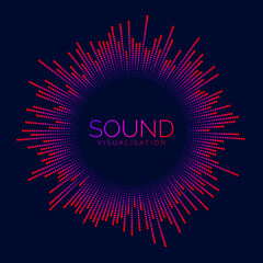 Radial sound wave visualization bar. Dotted music player equalizer. Circle audio signal or vibration element. Voice recognition. Neon colors epicenter, target, radar, radio icon. Vector concept - obrazy, fototapety, plakaty