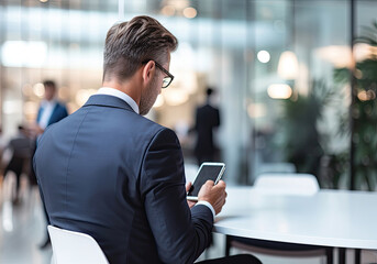 Naklejka na ściany i meble Businessman with smartphone on a meeting, Generative AI