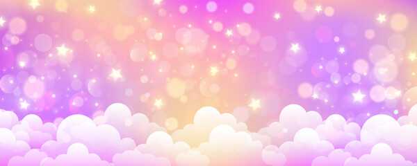 Pastel sky background with clouds and star. Fantasy soft color landscape. Cartoon fairy pink illustration. Vector gradient wallpaper © Chorna_L