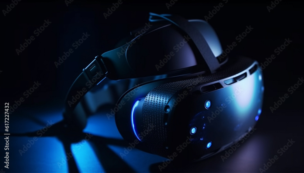 Poster futuristic headset with blue digital display for virtual reality simulation generated by ai