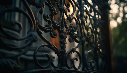 Ornate wrought iron fence with rusty metallic pattern and foliage generated by AI
