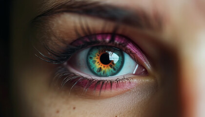 Caucasian woman vibrant green eye staring into camera with contact lens generated by AI