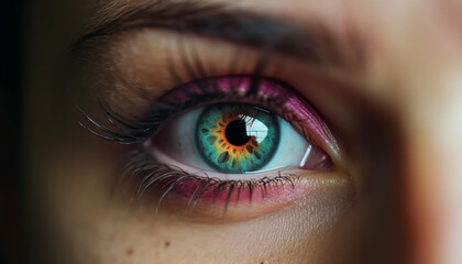 Fototapeta premium Caucasian woman vibrant green eye staring into camera with contact lens generated by AI