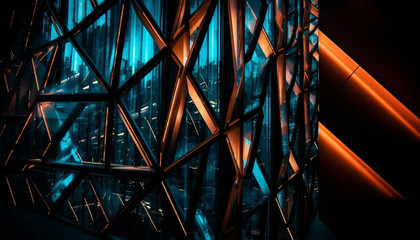 Fototapeta premium Vibrant cityscape backdrop with glowing steel skyscrapers and geometric shapes generated by AI