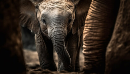 Fototapeta na wymiar Large African elephant walking in tranquil wildlife reserve, close up portrait generated by AI