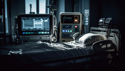 Fototapeta premium Comfortable bed illuminated by blue electric lamp in modern bedroom generated by AI